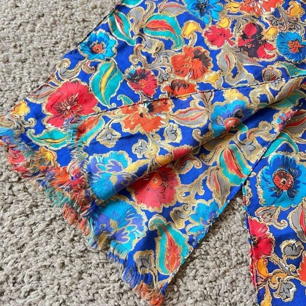 VTG Silk Scarf Jewel Tone Floral Gold Accents Long Fringe Wrap 80x10